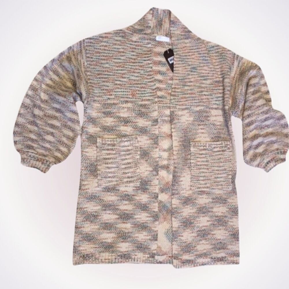 Janice Apparel bubble sleeve neutral melange long line cardigan | Sz M, NWT